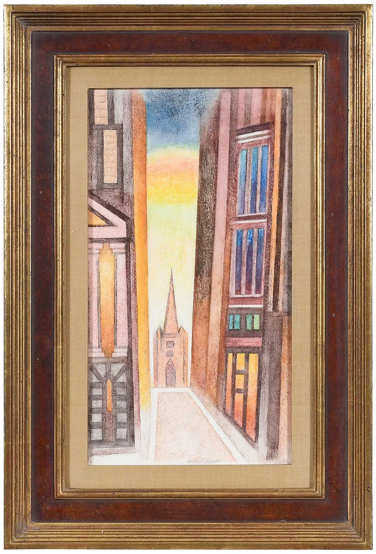 Trinity Church by Howard Cook, pastel  on paper, sold May 2023