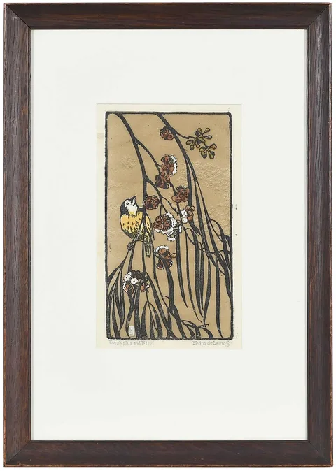 Pedro Joseph de Lemos, Eucalyptus and Bird, color woodcut