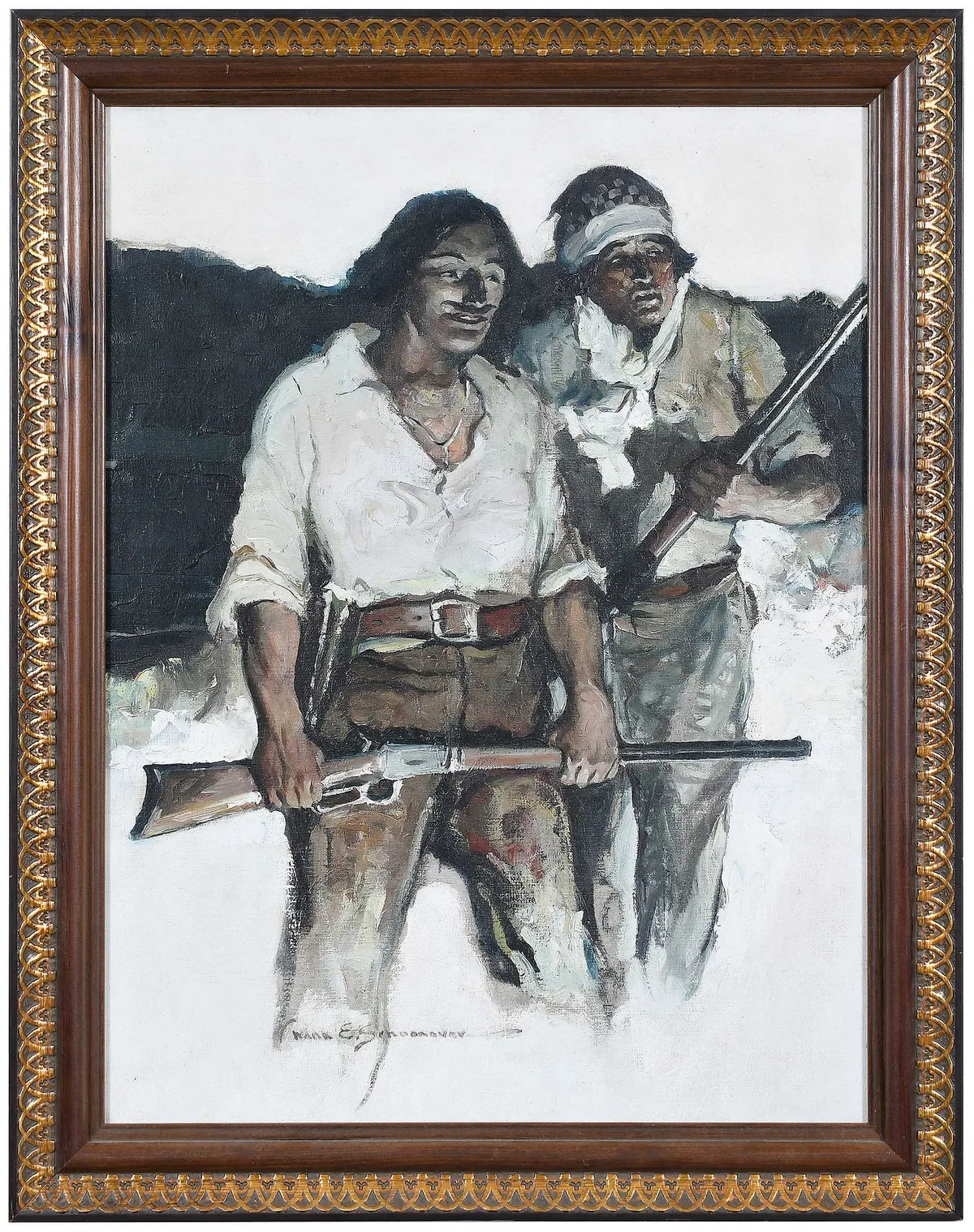 Trappers With Rifles by Frank Schoonover, 1925, oil on canvas, sold May 2023