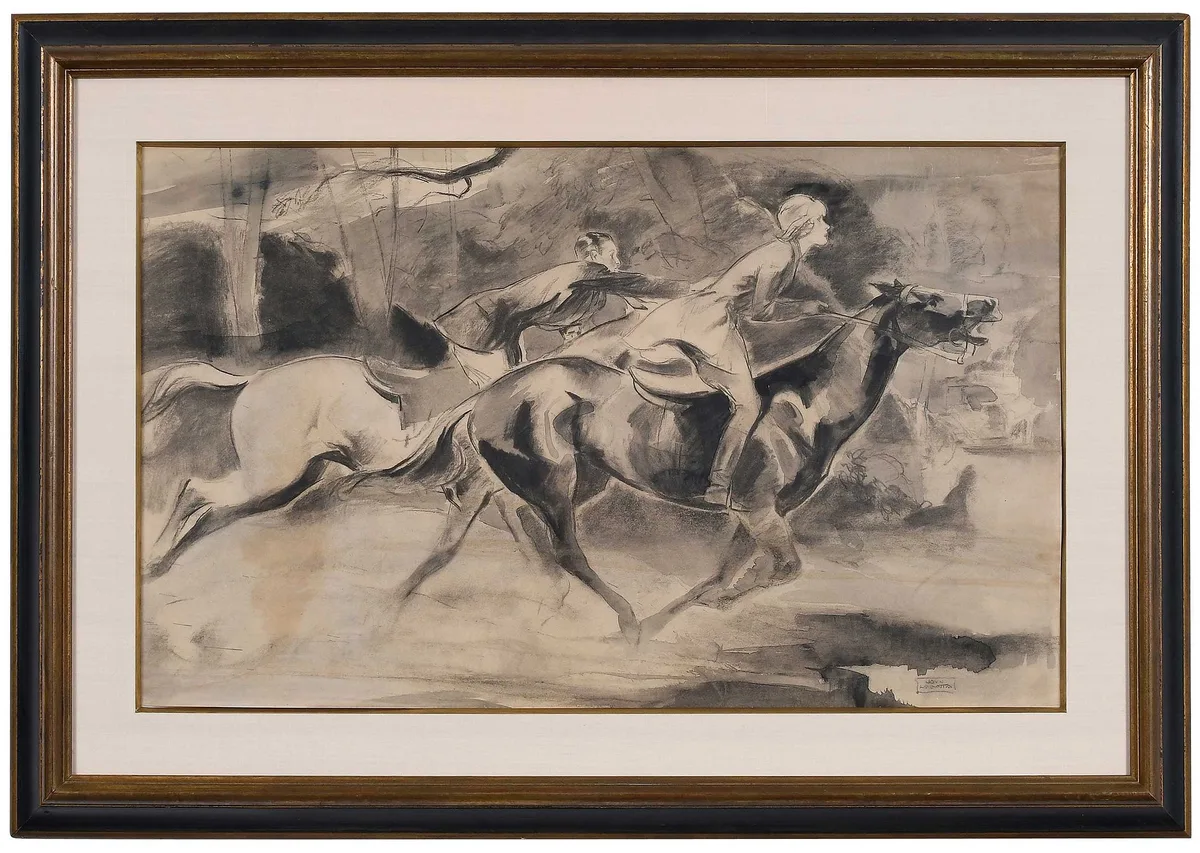 John La Gatta, The Race, charcoal and ink wash on buff paper