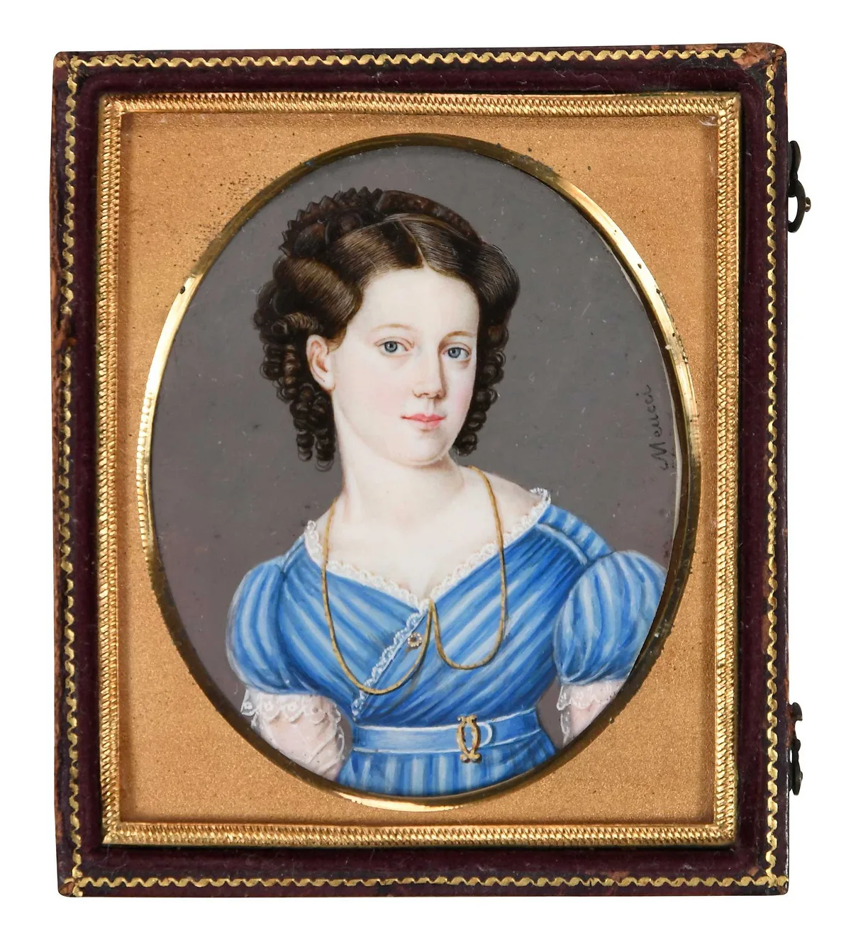 Anthony Meucci, Young Woman in Blue Gown, oil on ivory