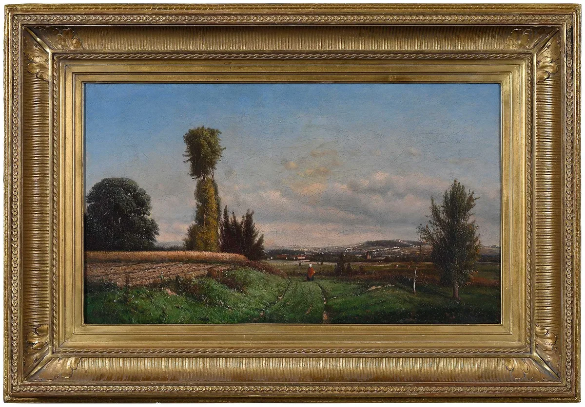 George Owen, Untitled, Plowed Field and Woman with Red Cape, oil on canvas