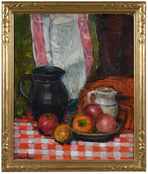 Marie Atkinson Hull, Still Life with Checkered Cloth, oil on board