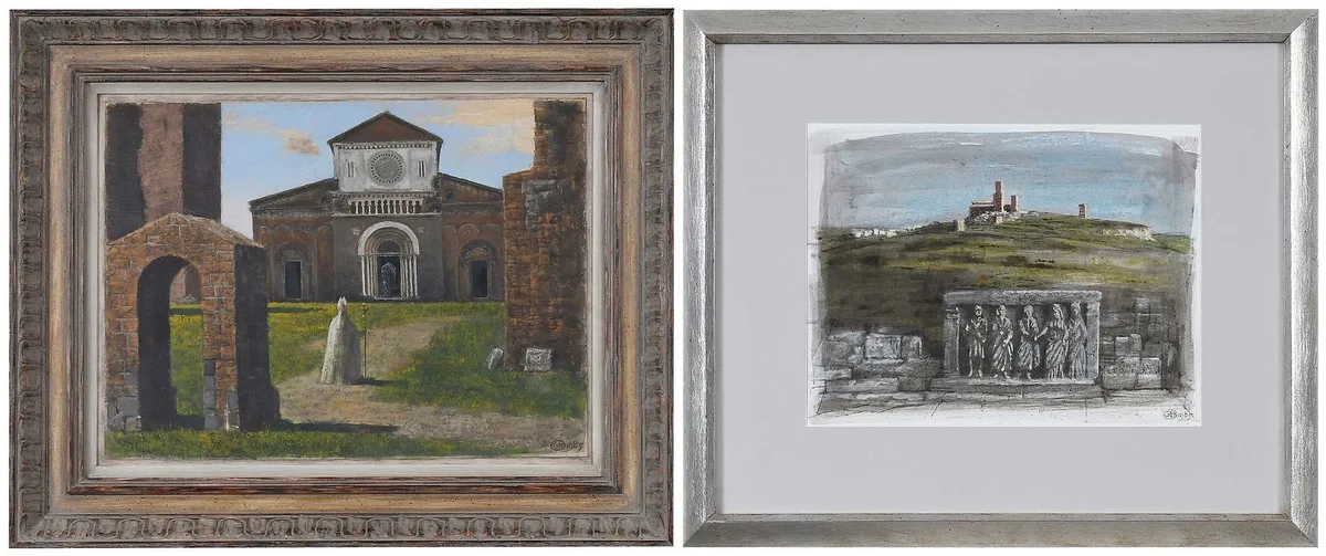 George Beattie, Two paintings of Classical ruins, both inscribed lower right with monogram "GB" and dated 1985, watercolor on paper