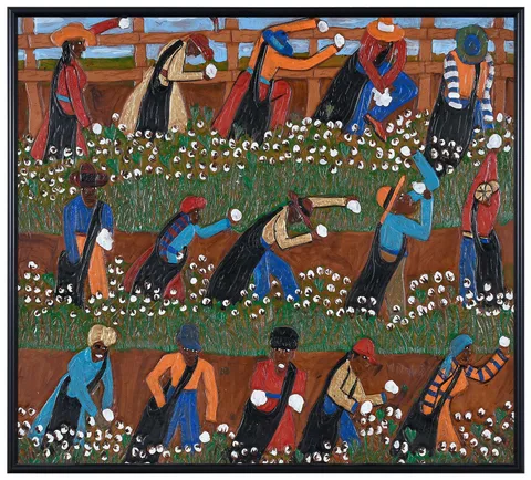 Winfred Rembert, Cotton Pickers, incised lower right "W Rembert, dye on carved and tooled leather