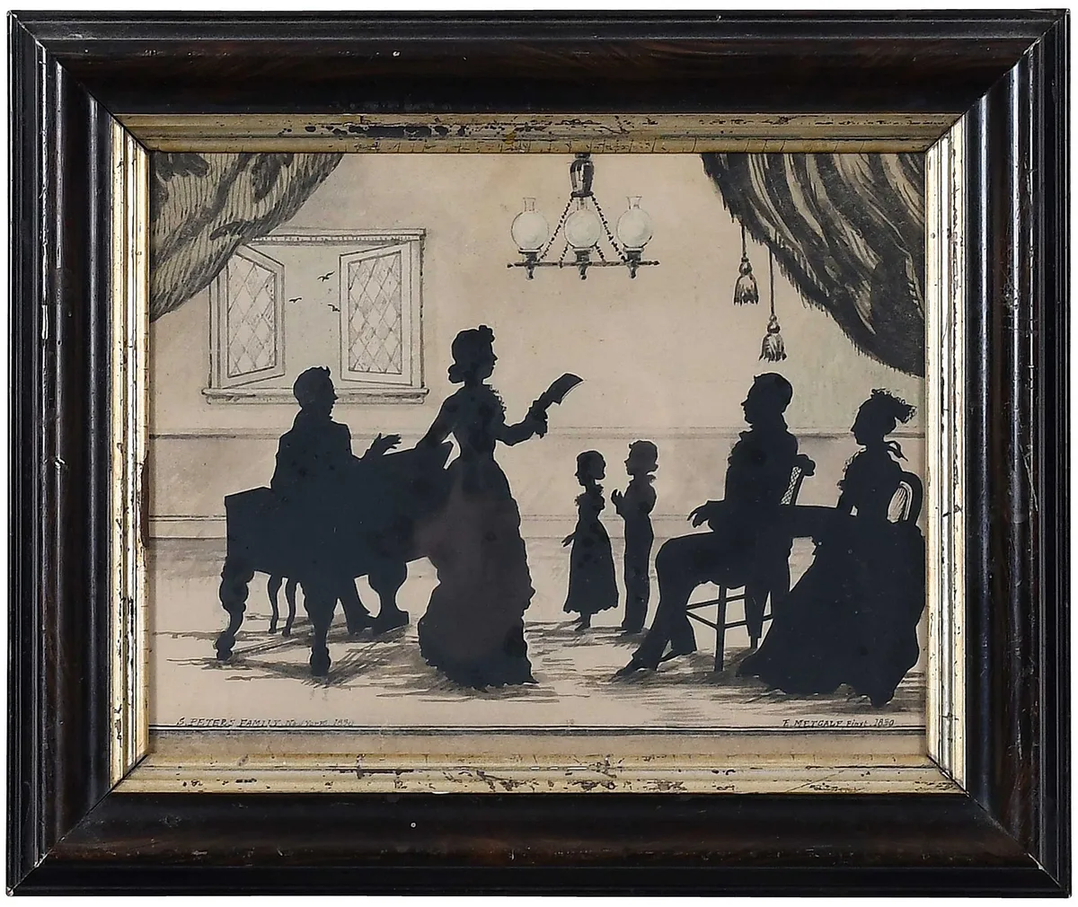 Eliab Metcalf, S. Peters Family, ink cutout on cream paper with ink wash and details