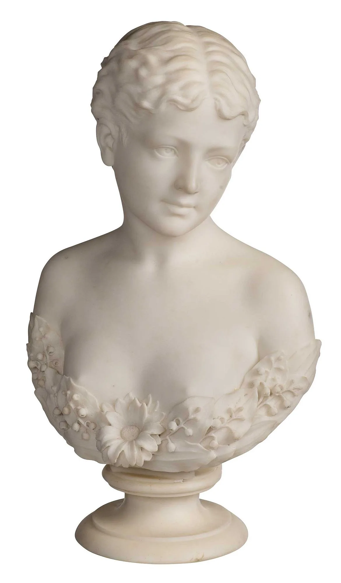 Jerome Stanley Conner Marble Bust, Young Beauty, wearing a garland of Lily of the Valley flowers, marble with marble socle