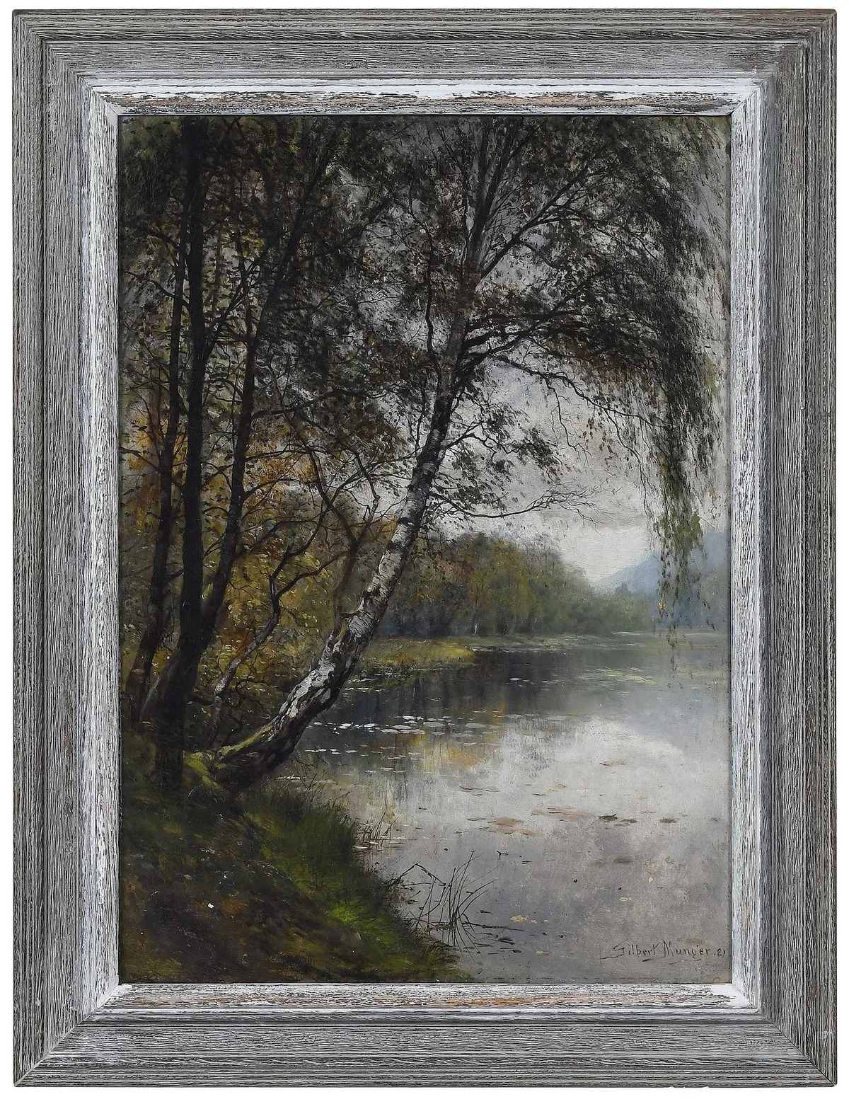 .Birch Trees by the Creek by Gilbert Munger, 1881, oil on canvas, sold Mar 2023