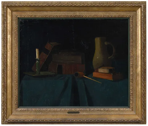 John F. Peto, Still Life with Candle, Books and Jug, circa 1890s, oil on canvas
