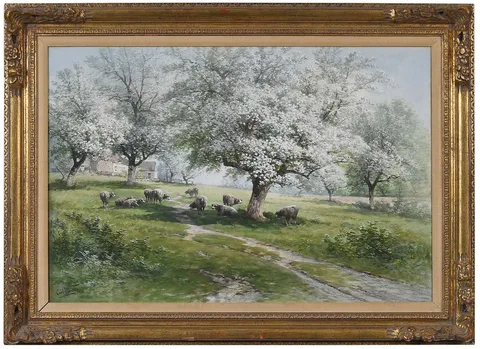 Carl Philipp Weber, .Sheep in the Orchard, watercolor on board