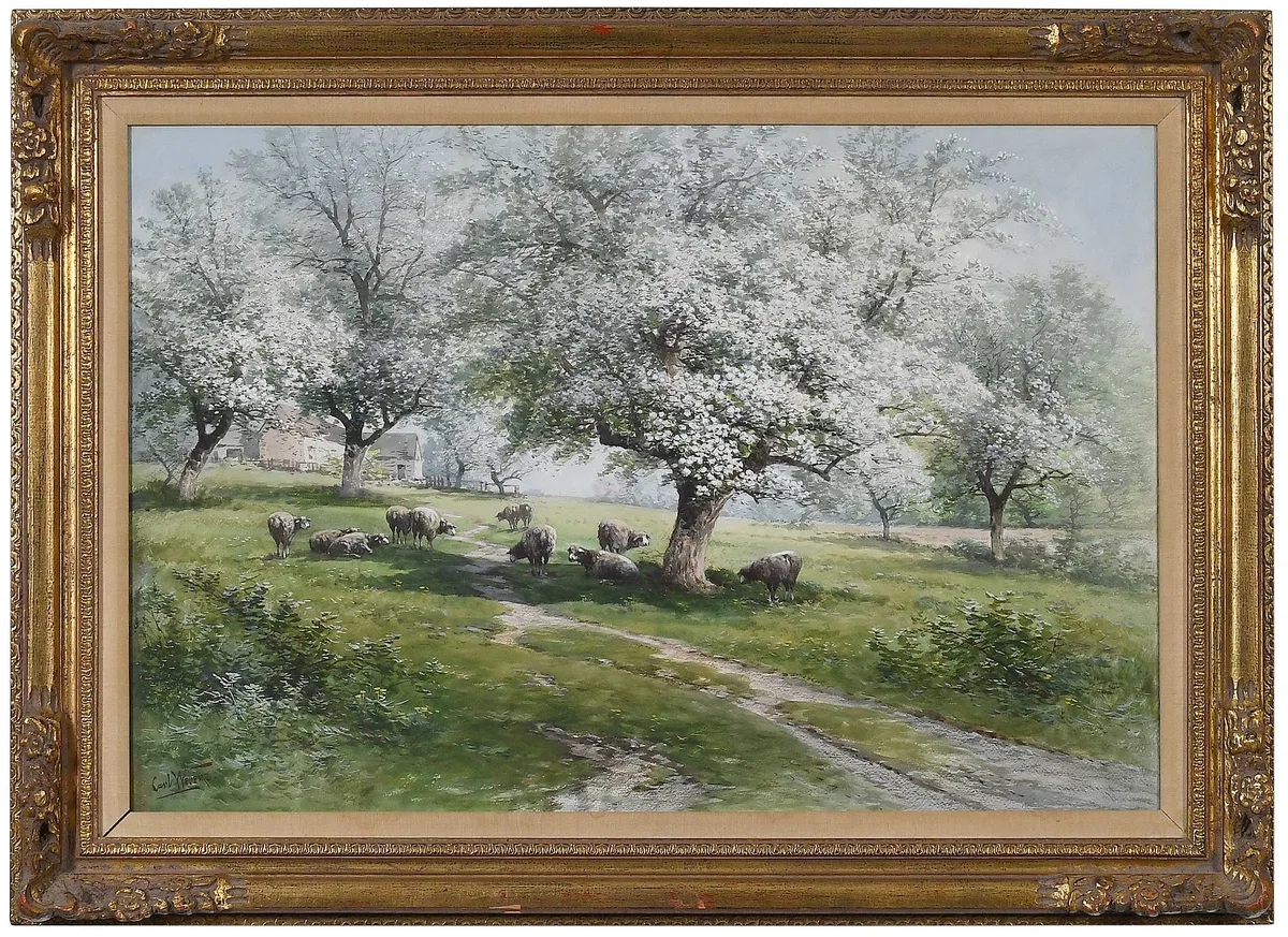 Carl Philipp Weber, .Sheep in the Orchard, watercolor on board