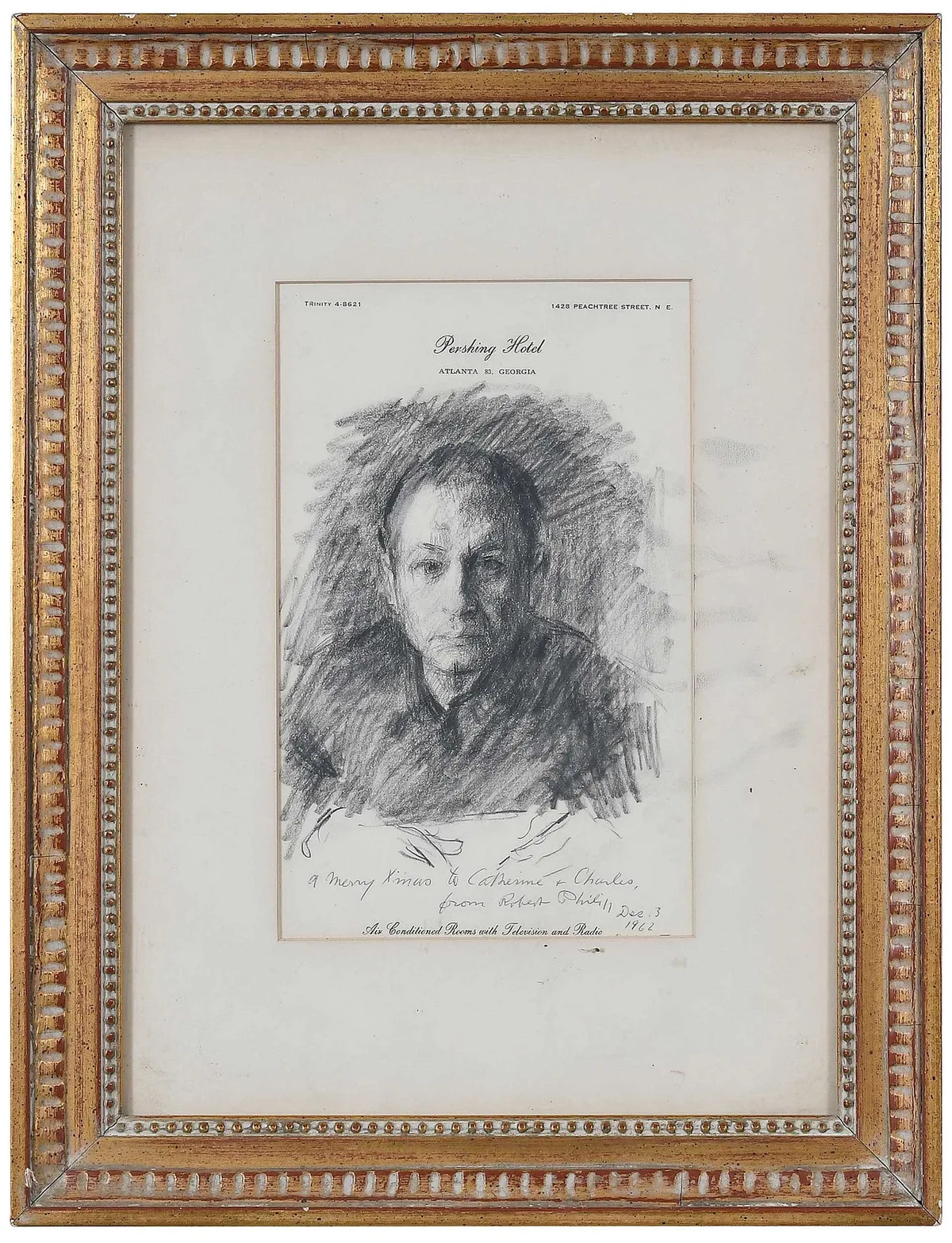 Self Portrait by Robert Philipp, graphite on Pershing Hotel Stationary, sold Mar 2023
