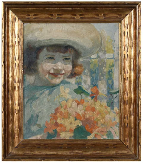 Gladys Nelson Smith, Young Girl with Flowers and Hat, oil on canvas