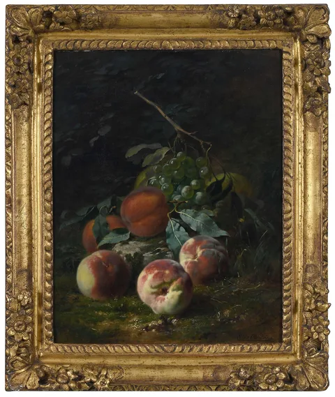 Gustave Emile Couder, Still Life with Peaches and Grapes in a Woodland, oil on canvas