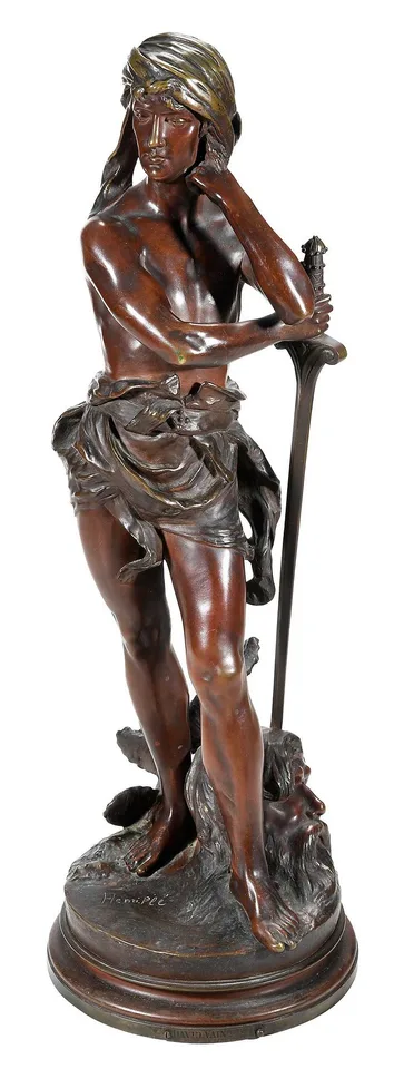 Henri Honoré Plé, David Vainqueur, David with Sword in Head of Goliath, patinated bronze