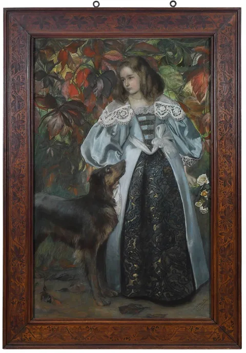 Christian Wilhelm Allers, Pre-Raphaelite Portrait of a Girl in Garden with a Dog, pastel and watercolor on paper laid on canvas