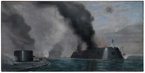 The Battle of Hampton Roads, Appears to be the USS Monitor and CSS Virginia, oil on canvas