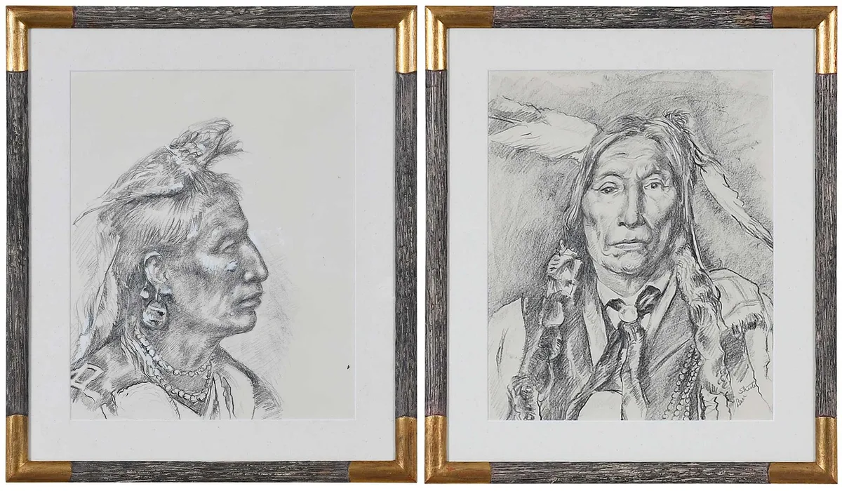 Benjamin E. Shute, Group of Charcoal Drawings (binder and 2 framed works), possibly after William Henry Jackson photographs, one charcoal signed lower right "Ben Shute, charcoal on paper and pencil on paper