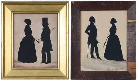 Auguste Edouart, Lady and Gentleman, ink cutout on cream paper with ink wash