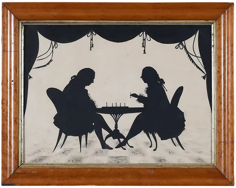 Auguste Edouart, Two Gentlemen Playing Chess, ink cutout on cream paper with ink wash and details