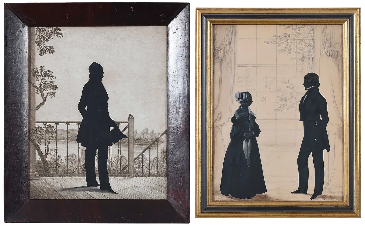 Gentleman Holding Top Hat by Auguste Edouart, ink cutout on cream paper with lithographic background, sold Mar 2023