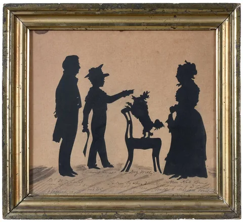 Auguste Edouart, Dr. William Carrol Family, ink cutout on cream paper with ink wash