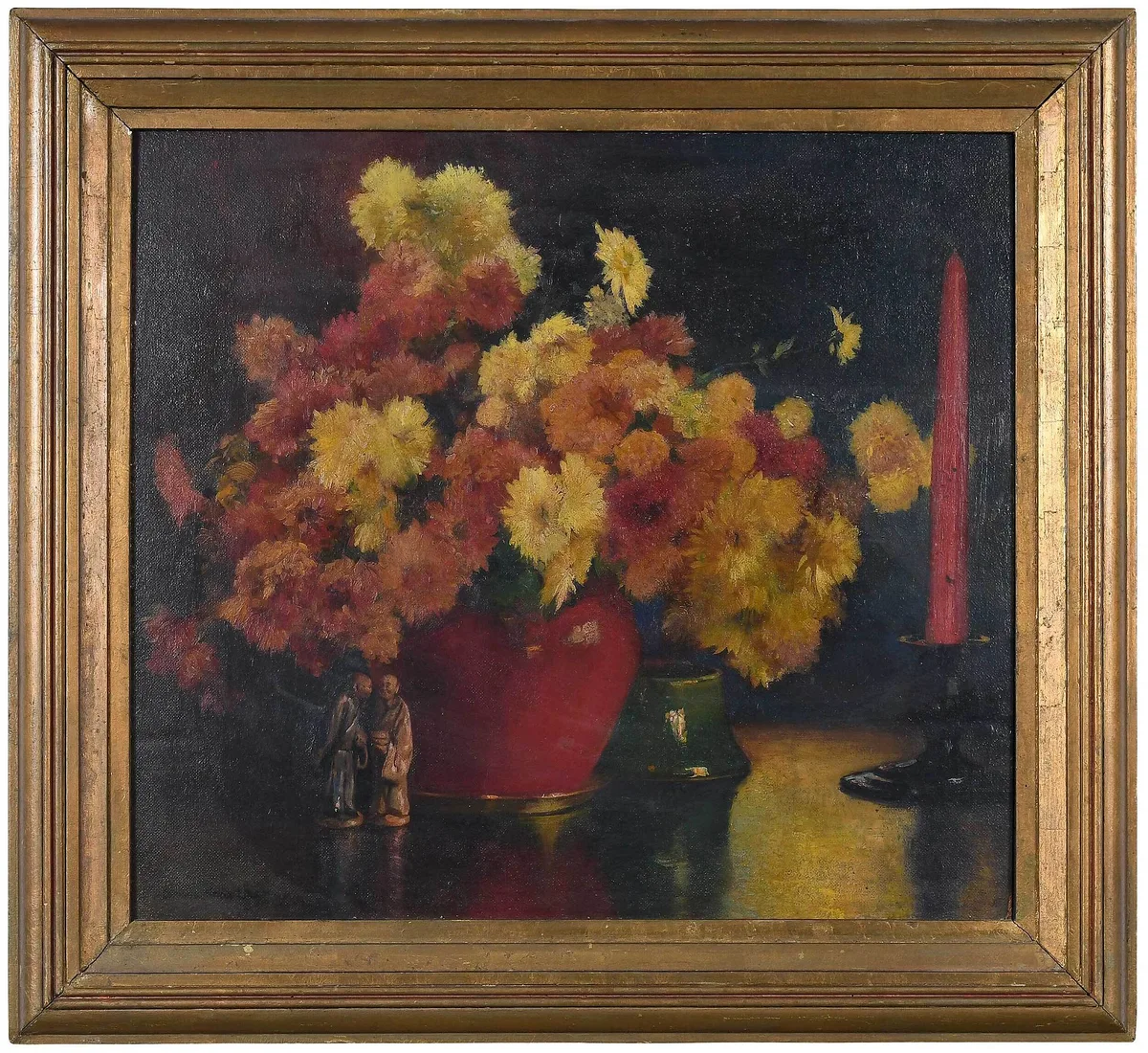 Chrysanthemums by Corwin Knapp Linson, 1935, oil on Masonite, sold Feb 2023