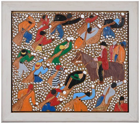 Winfred Rembert, Cotton Pickers with Overseer, dye on carved and tooled leather