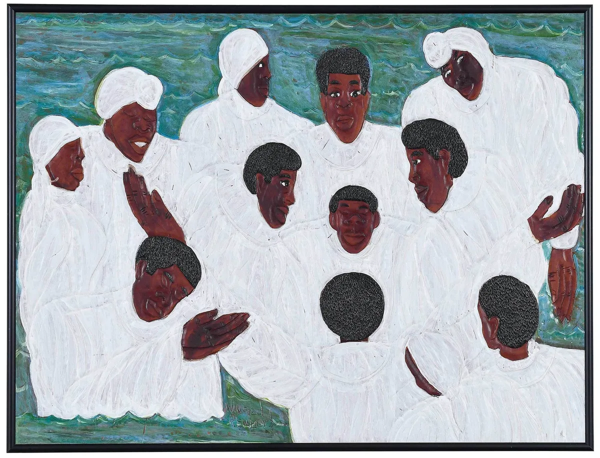 Baptism by Winfred Rembert, circa 2004, dye on carved and tooled leather, sold Feb 2023