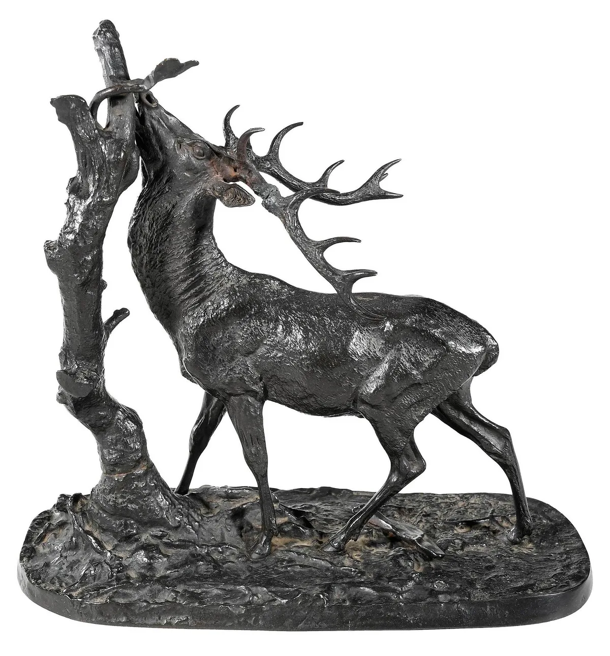 Browsing Stag Sculpture by Pierre-Jules Mêne, patinated bronze, sold Feb 2023