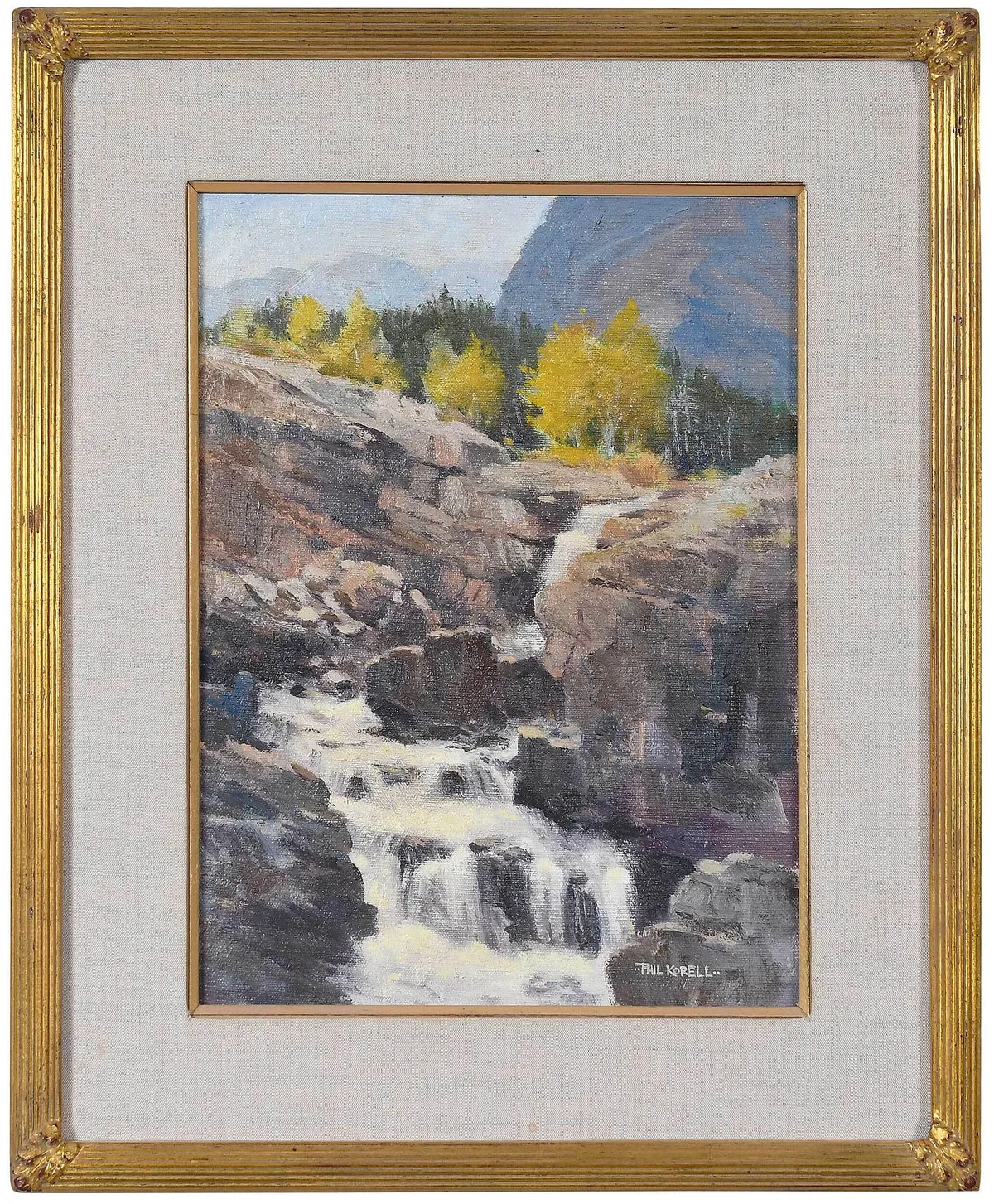 Phil Korell, Swift Current Below Many Glacier, oil on Masonite