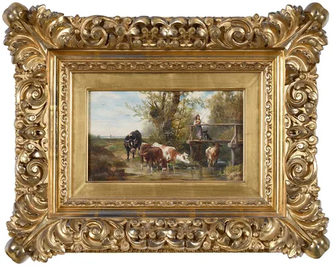 Ludwig Sellmayr, Cows in a Stream, oil on panel