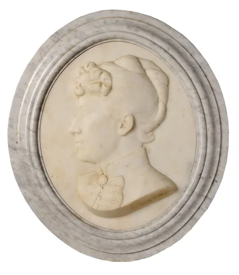 Fritz Schulze Relief Marble Plaque, Profile Portrait of a Woman, facing left, carved marble with marble frame