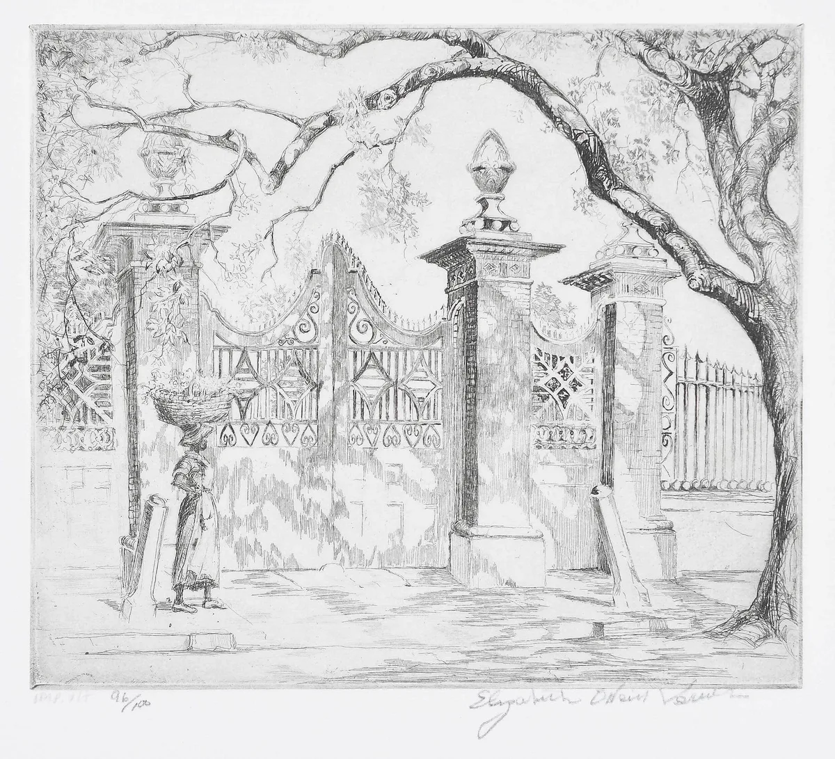 Pineapple Gates by Elizabeth O'Neill Verner, etching, sold Feb 2023