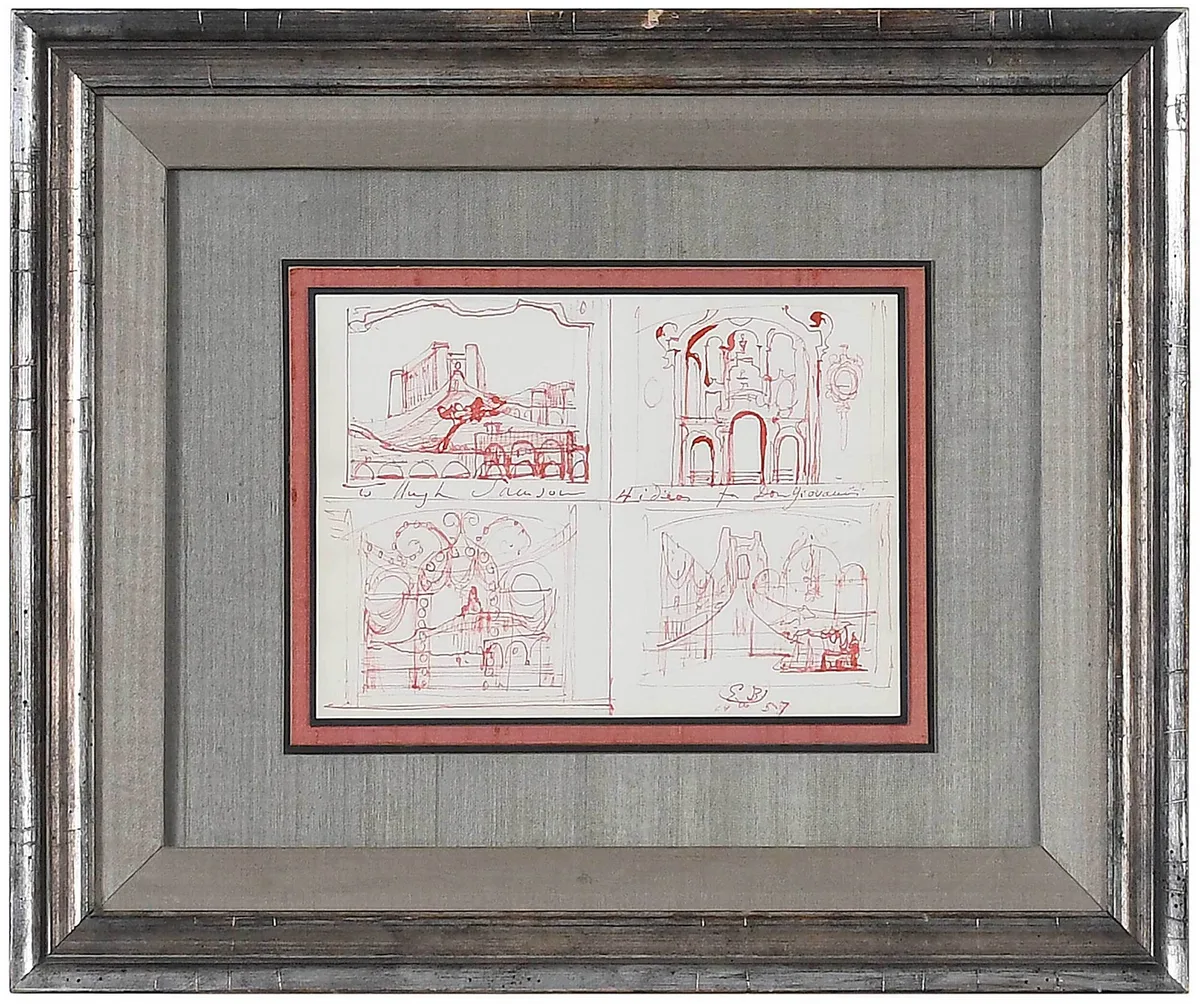 Eugene Berman Theater Drawing, 4 Ideas for Don Giovanni, 1957, red ink on one sheet