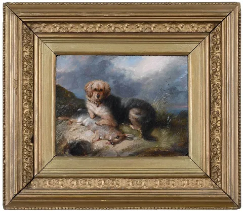 George Armfield, Terrier with a Hare, oil on artist board
