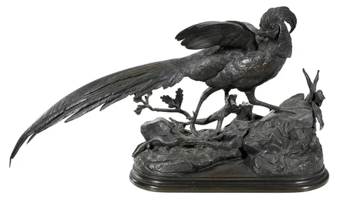 Jules Moigniez, Faisan et lézard sur une terrasse, patinated bronze