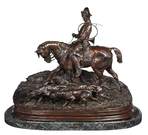 Valet de Chasse (Louis XV) et sa Harde by Pierre-Jules Mêne, patinated bronze on green marble base, sold Feb 2023