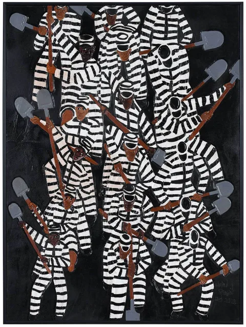 Winfred Rembert, Chain Gang with Shovels, dye on carved and tooled leather