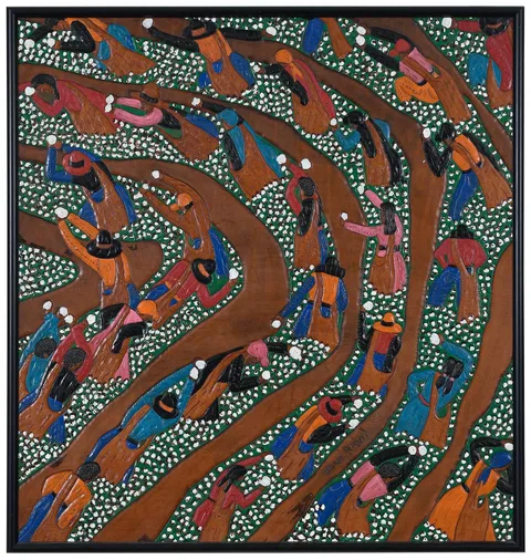 Winfred Rembert, Picking Cotton, dye on carved and tooled leather