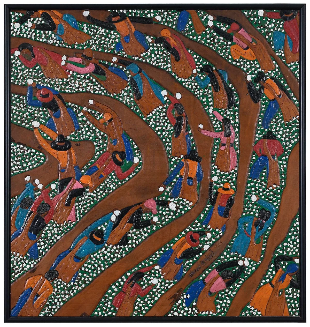 Picking Cotton by Winfred Rembert, dye on carved and tooled leather, sold Nov 2022