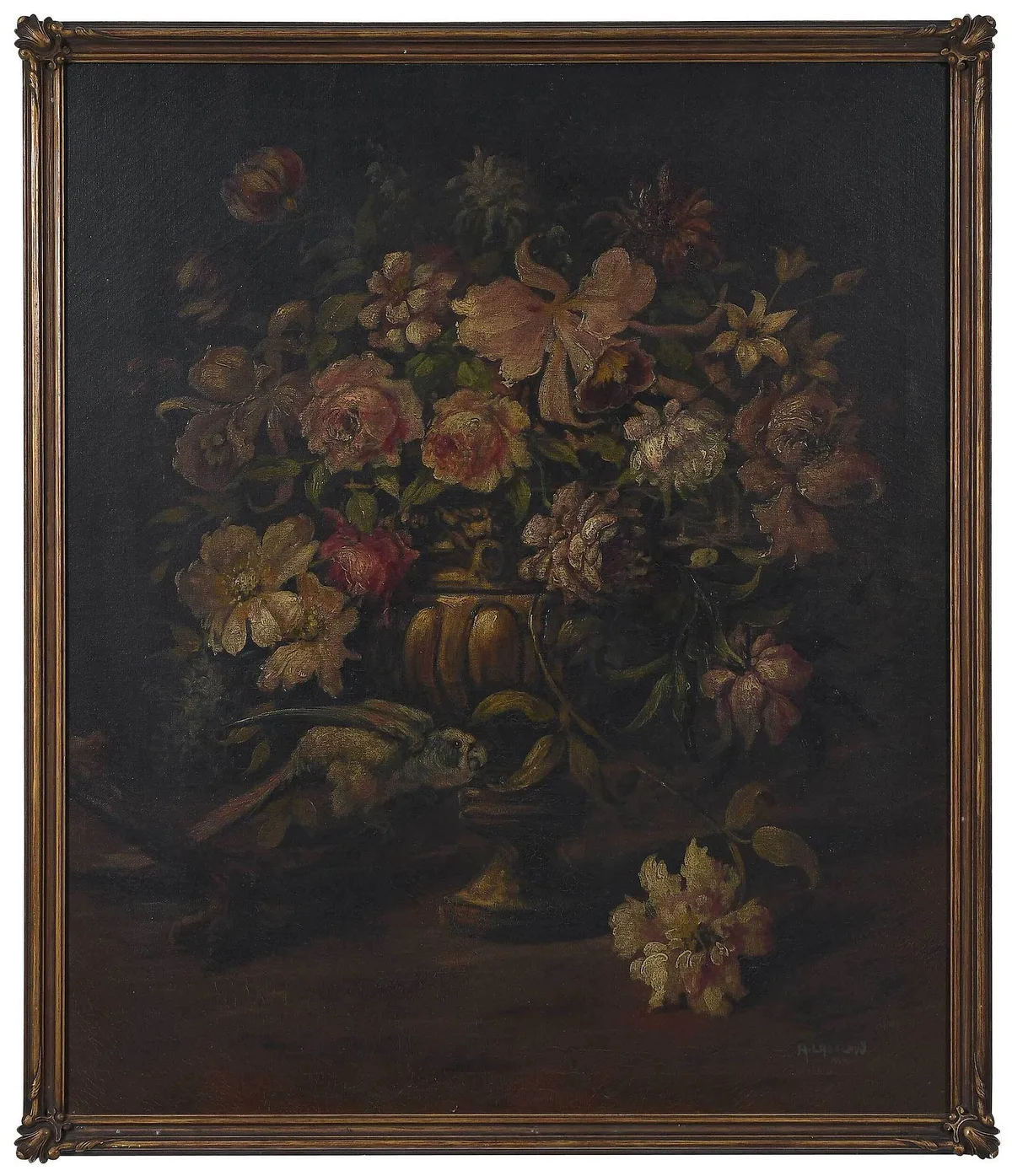 Arthur Lasslow, Dutch Style Still Life with Parrot and Flowers, oil on canvas