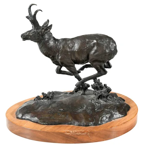 Clark Everice Bronson, Out of Here, running stag, 1973, patinated bronze on wood base