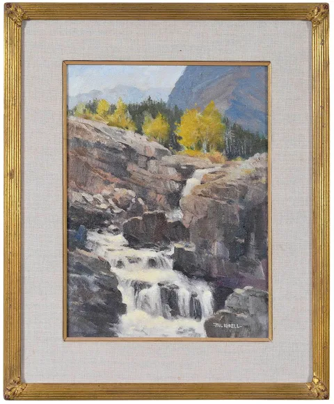Phil Korell, Swift Current Below Many Glacier, oil on Masonite