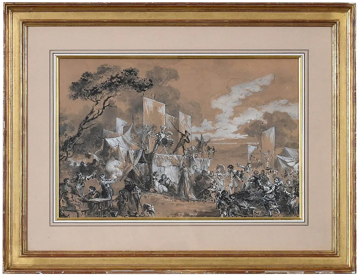 Leonard Saurfelt Drawing, A Troop of Actors in an Outdoor Theater, gouache on brown paper