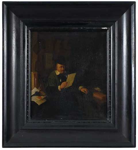 An Older Lawyer Reading a Paper, documents on a table beside him, signature lower left indistinctly on document "A v  Ostade fc by Adriaen van Ostade, oil on oak panel, sold Nov 2022
