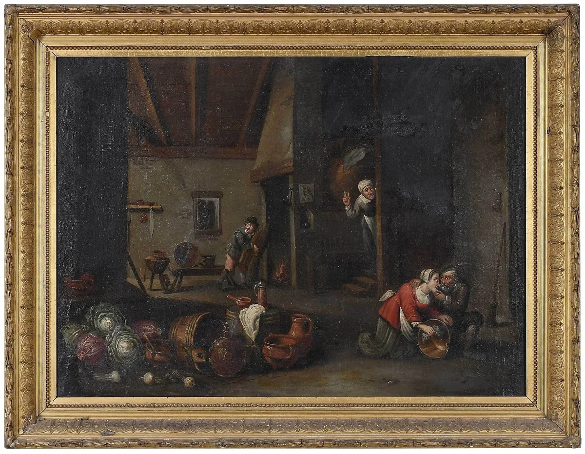 Kitchen Interior by David Teniers the Younger, oil on canvas, sold Nov 2022