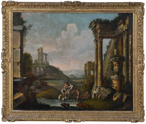 Giovanni Paolo Panini, Capriccio View with Travelers Amid Ruins, oil on canvas