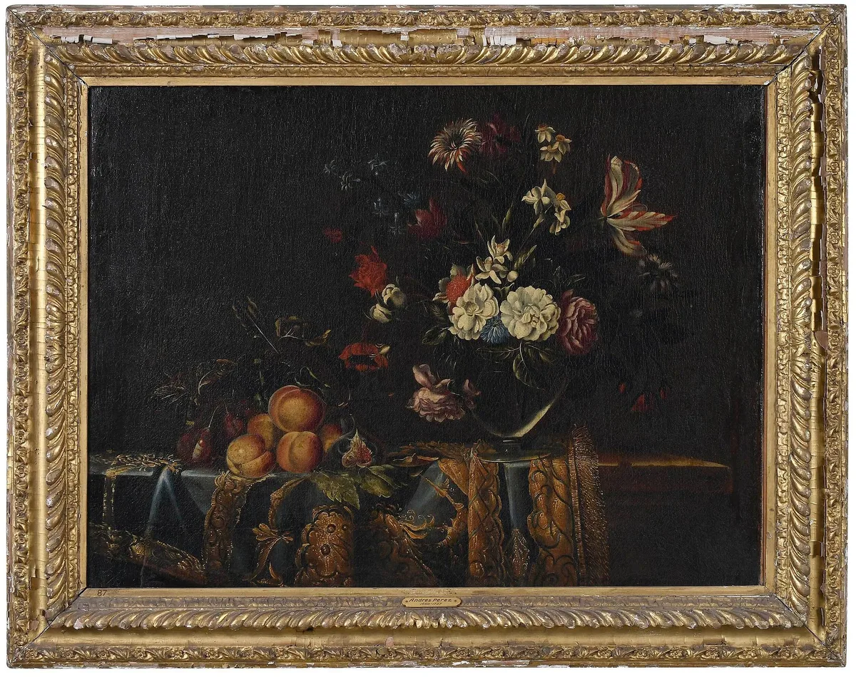 Andrés Pérez, Still Life Fruit and Flowers, oil on canvas