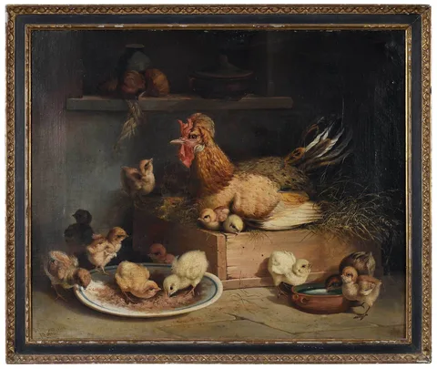 Andrea Cherubini, A Brood of Chickens, oil on canvas